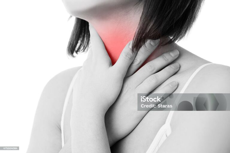 Sore throat of a women. Touching the neck. Isolated on white background.